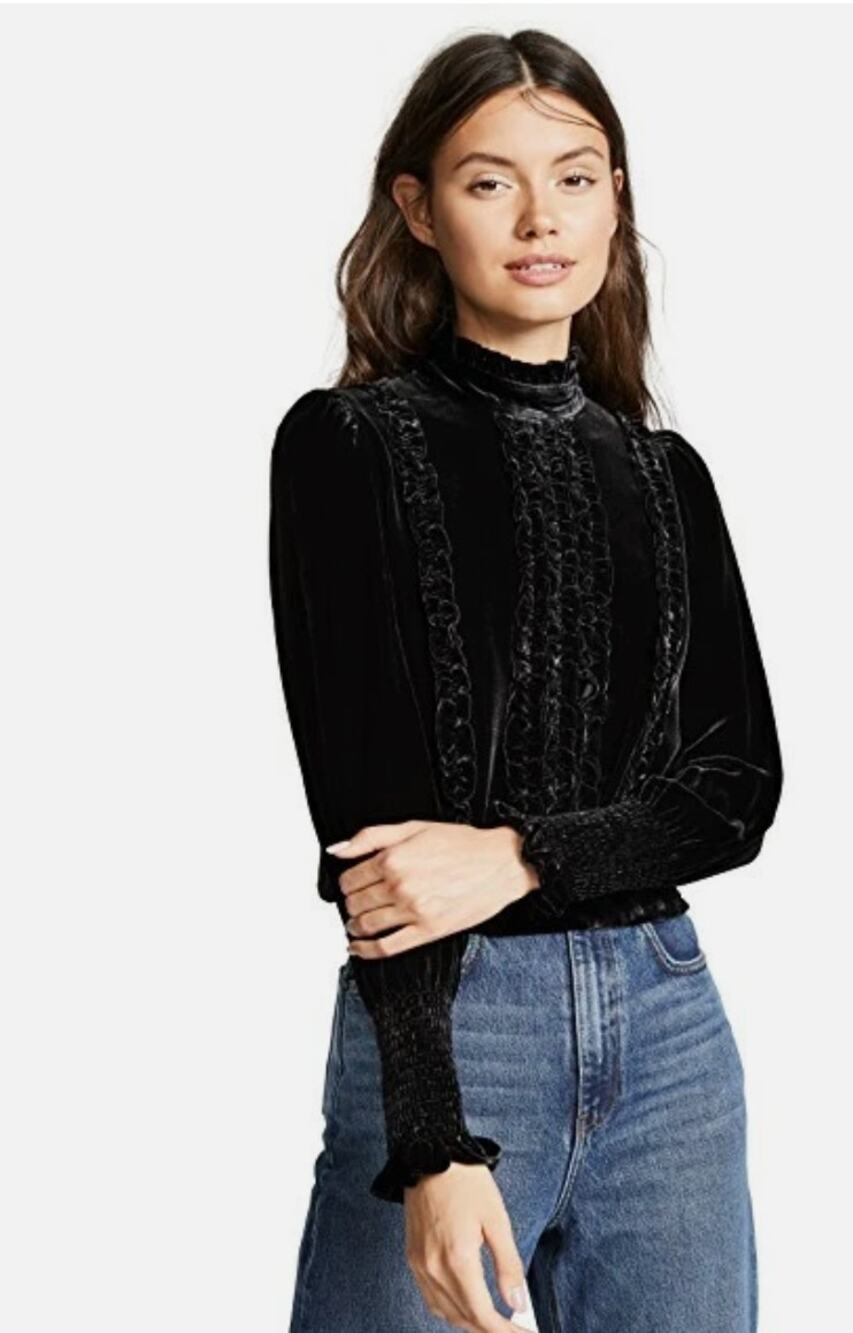($325) FRAME Velvet Victorian Ruffle mock neck long sleeve Blouse